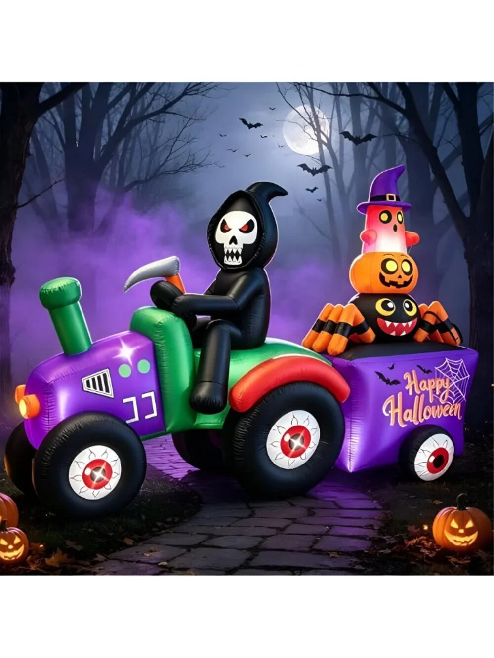 7FT Long Halloween Inflatable Grim Reaper Tractor Trailer Light